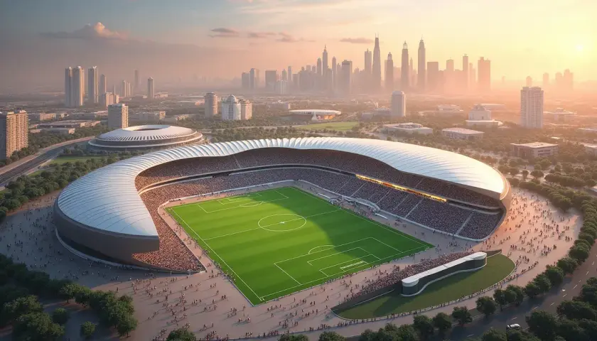 Nowoczesny stadion piłkarski z widokiem na panoramę miasta. Może to być miejsce, gdzie będzie mundial 2034.
