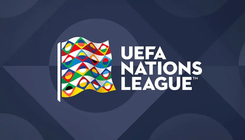 Flaga z symbolami narodowymi i napis UEFA NATIONS LEAGUE. Czekamy na emocjonujący liga narodów losowanie!