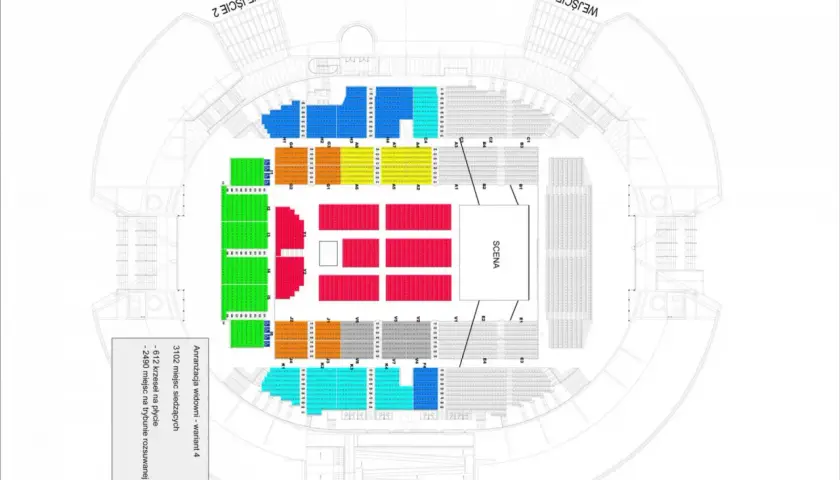 Stadion gdańsk sektory: schemat rozmieszczenia miejsc siedzących i sceny. Widoczne wejścia 1 i 2.