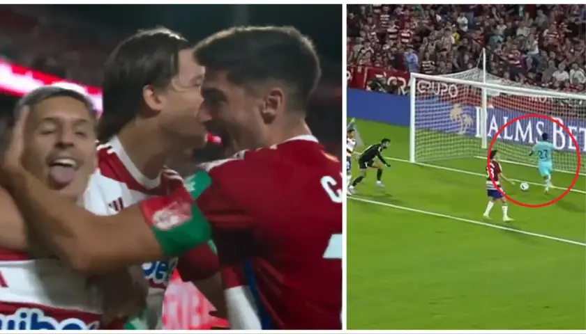 Radość zawodników Granada CF po strzelonym golu. Na drugim planie akcja pod bramką, gdzie piłkarz w jasnym stroju z numerem 27 biegnie do piłki.