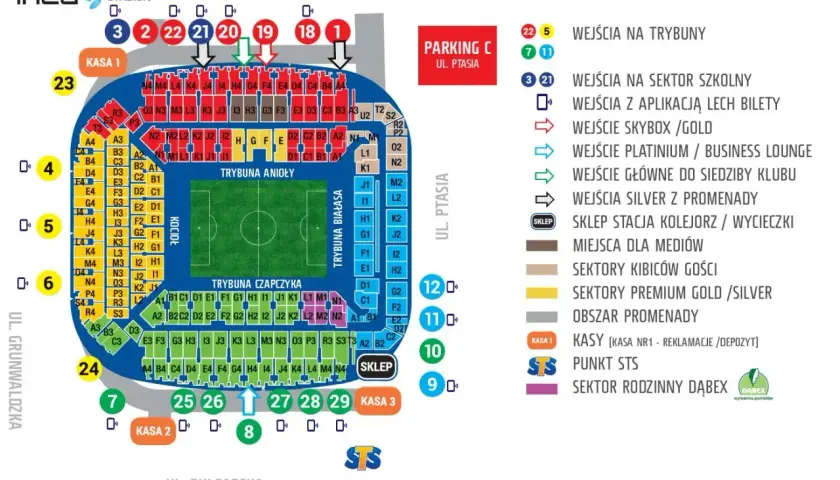 Trybuna Anioły Lech Poznań: schemat stadionu z podziałem na sektory i wejścia.