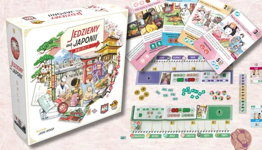 Planszowa gra "Jedziemy do Japonii" z kartami, planszą i żetonami. Odkryj uroki Japonii, od tradycji po kocie kawiarnie.