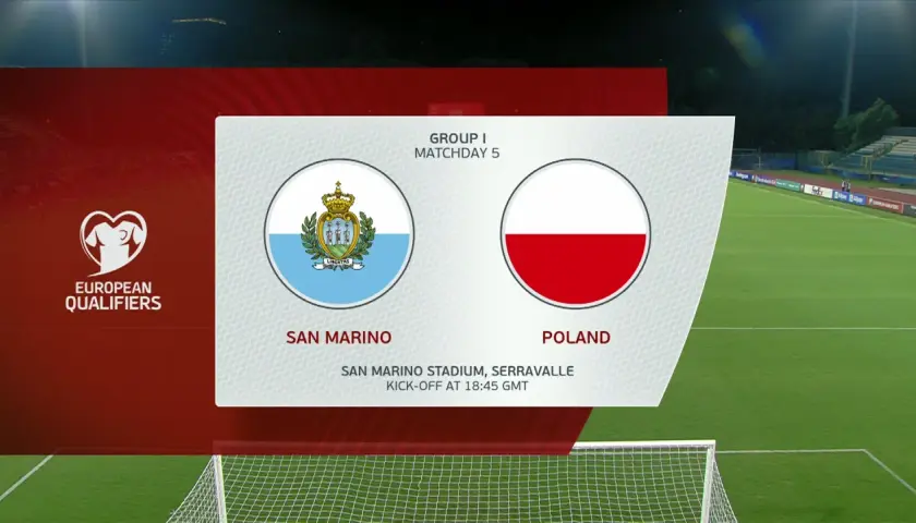 Zapowiedź meczu San Marino - Polska w eliminacjach do Mistrzostw Europy. Flagi obu krajów, nazwy drużyn i stadion.