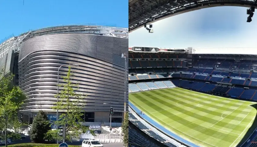 Nowe Santiago Bernabeu w budowie, z zewnątrz i widok na murawę z trybun.