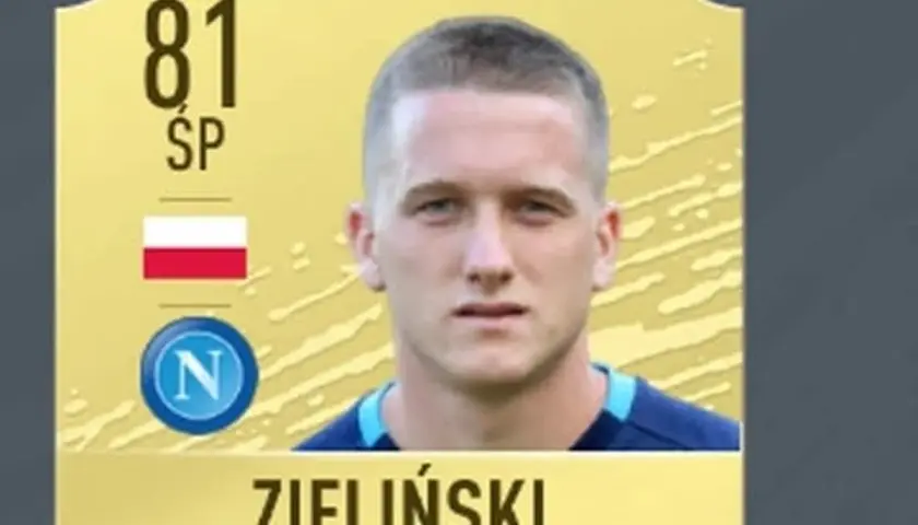 Karta z gry FIFA z oceną 81 dla Piotra Zielińskiego. Widoczne polskie barwy narodowe i logo Napoli.