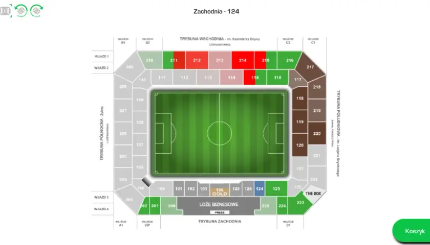Plan sektory stadionu w Gorzowie. Widok z lotu ptaka na boisko i trybuny z numeracją miejsc.