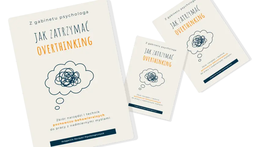 Trzy okładki książek "Jak zatrzymać overthinking" z psychologicznymi narzędziami. To jak mecz o honor z własnymi myślami.