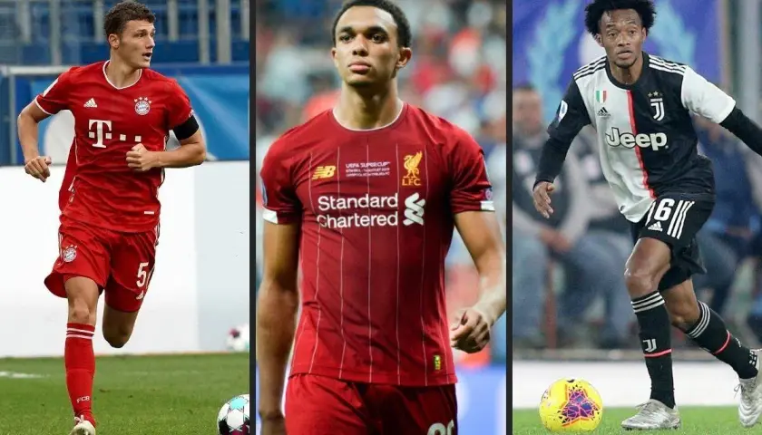 Trzech piłkarzy, uznawanych za najlepsi prawi obrońcy: Benjamin Pavard, Trent Alexander-Arnold i Juan Cuadrado, w akcji.