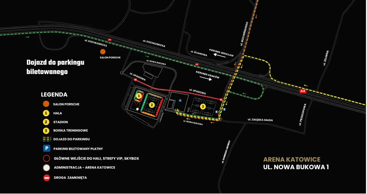 Mapa dojazdu do Areny Katowice, z zaznaczonym stadionem GKS Katowice, halą i boiskami treningowymi.