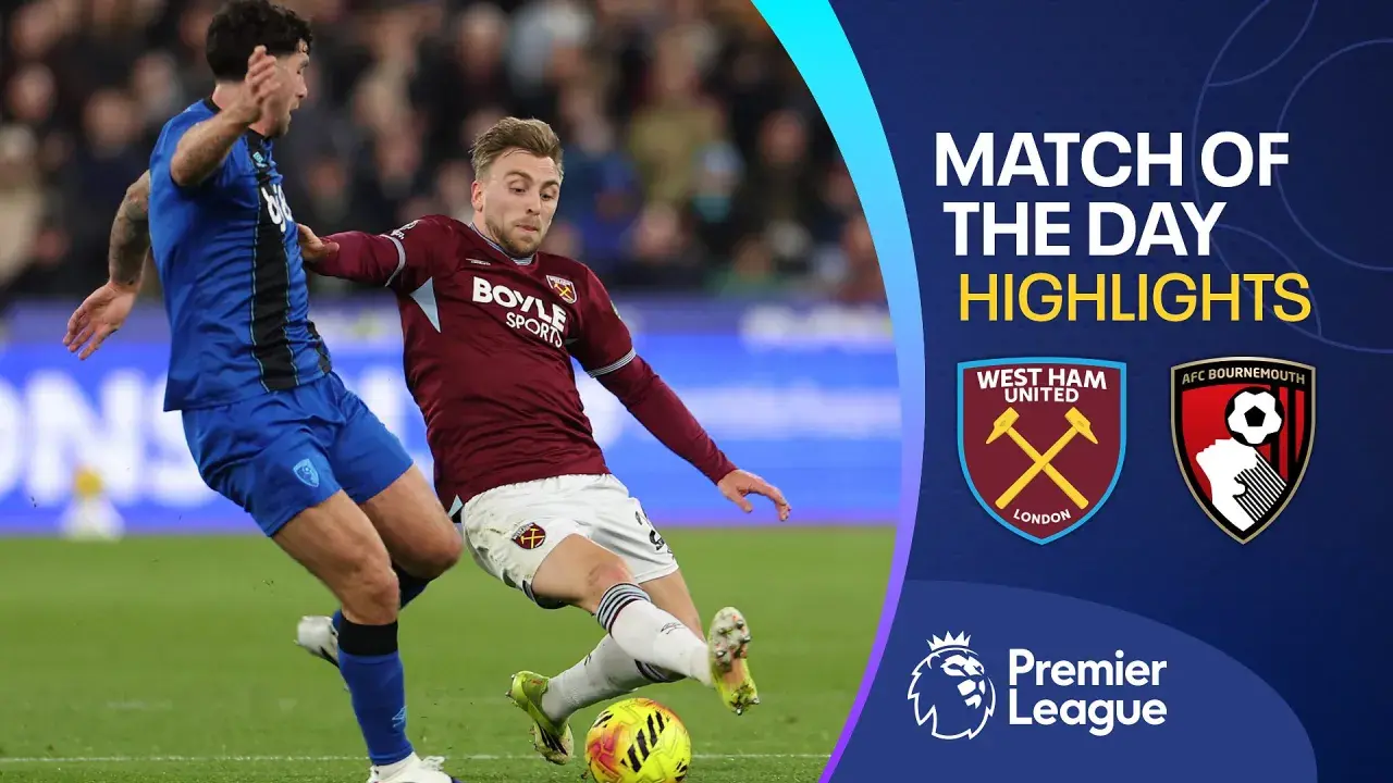 Składy: West Ham – A.F.C. Bournemouth. Piłkarze walczą o piłkę na boisku. W tle logo Premier League i nazwy drużyn.