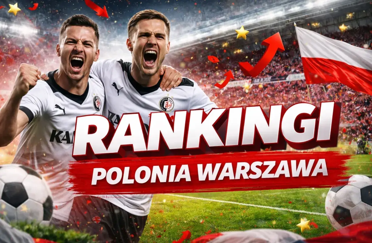 Dwóch piłkarzy Polonii Warszawa świętuje, na tle stadionu i flagi Polski. Napis "RANKINGI POLONIA WARSZAWA" sugeruje sukcesy klubu.