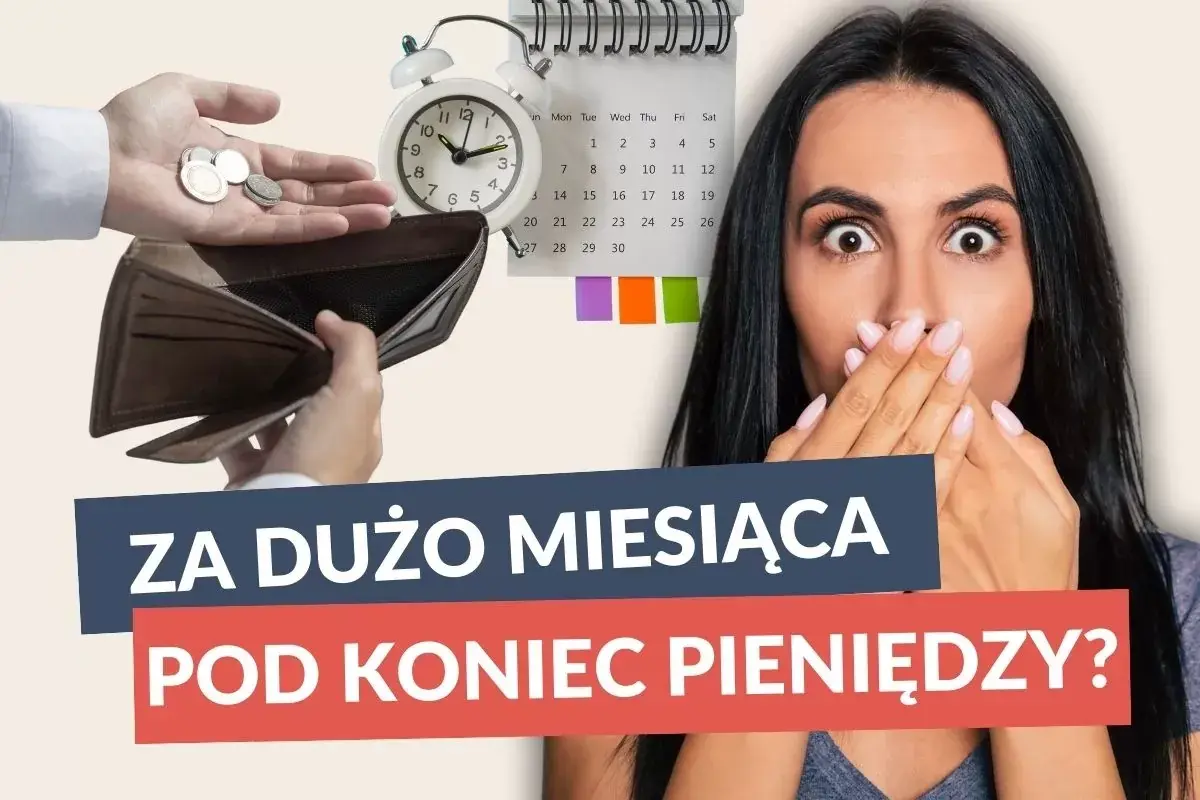 Zaskoczenie na twarzy kobiety, pusty portfel i zegar symbolizują problemy z budżetami klubów 1 ligi.