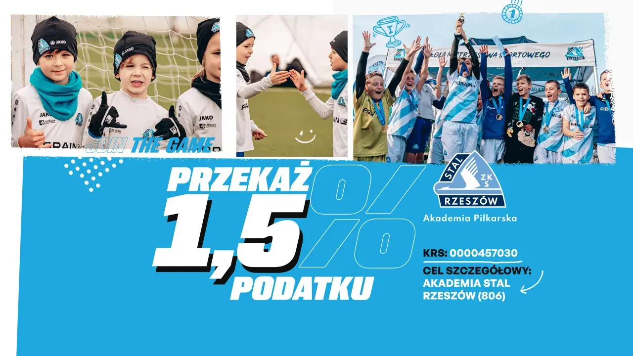 Dzieci w strojach piłkarskich cieszą się z wygranej. Wspieraj Akademię Piłkarską Stal Rzeszów, przekazując 1,5% podatku.