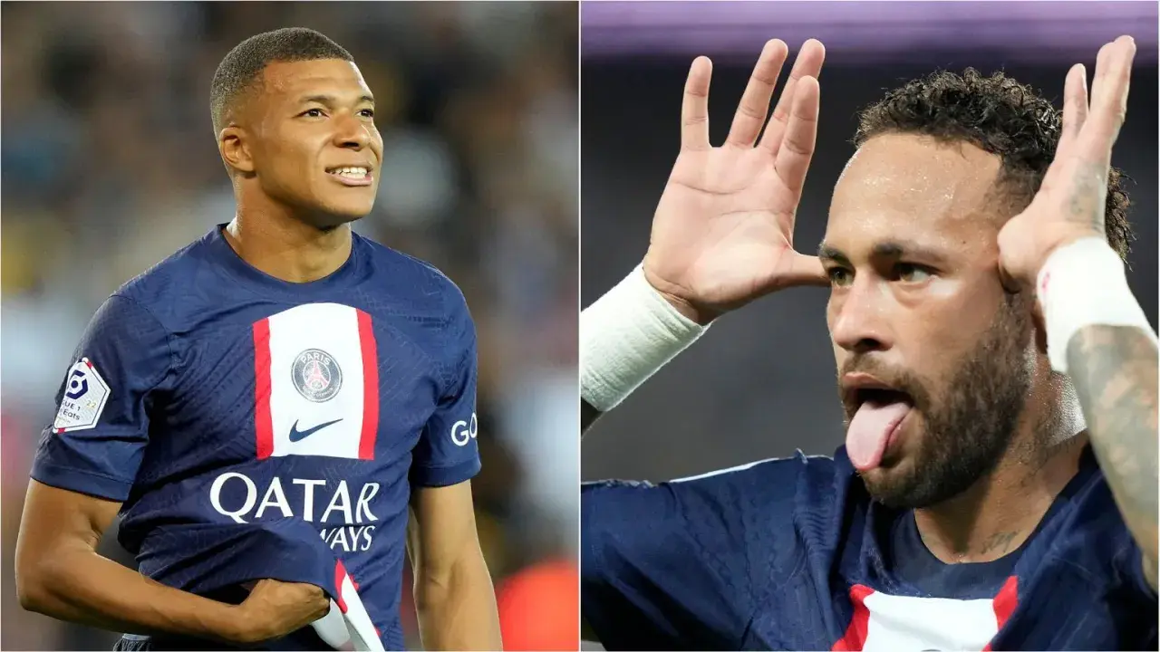 Neymar i Mbappé w koszulkach PSG. Neymar robi śmieszną minę, a Mbappé patrzy w bok.