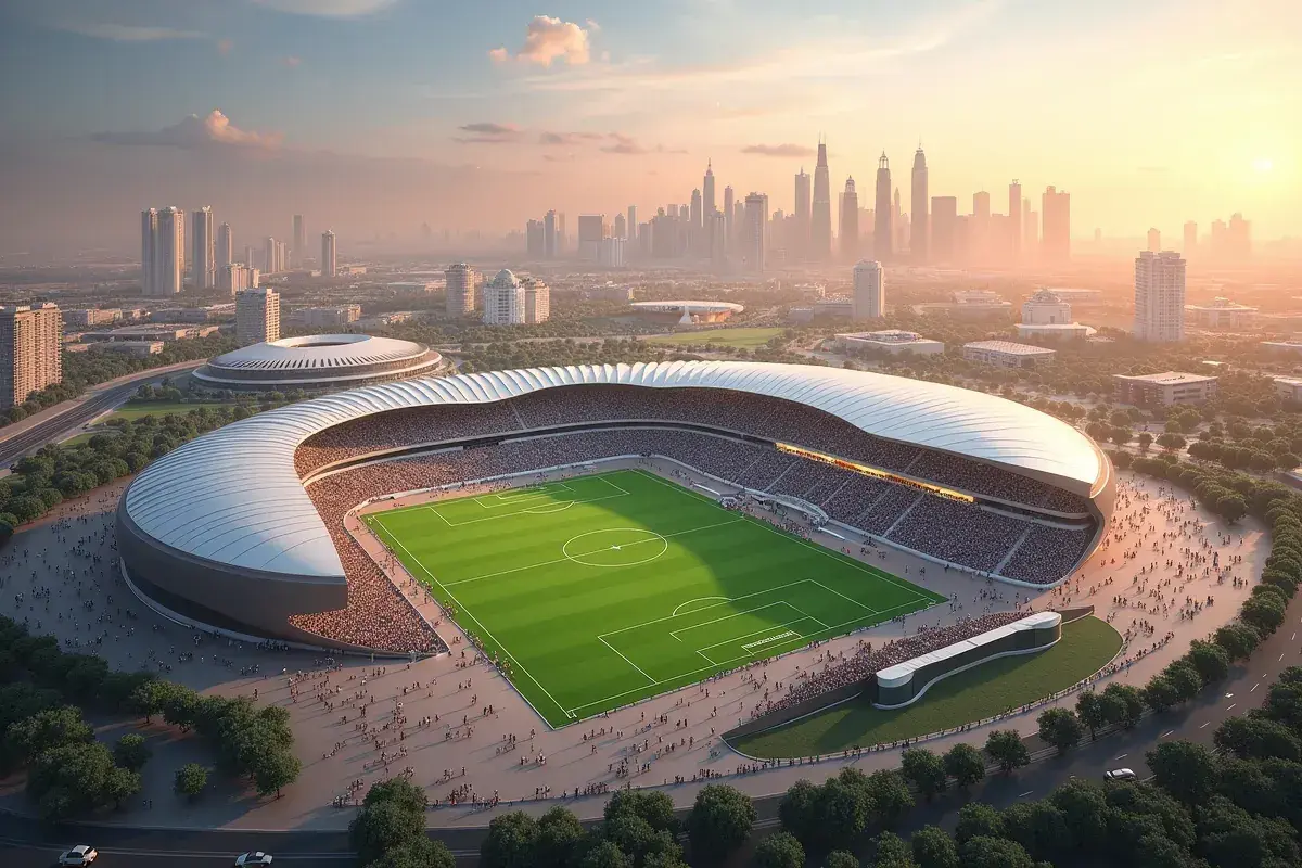 Nowoczesny stadion piłkarski z widokiem na panoramę miasta. Może to być miejsce, gdzie będzie mundial 2034.