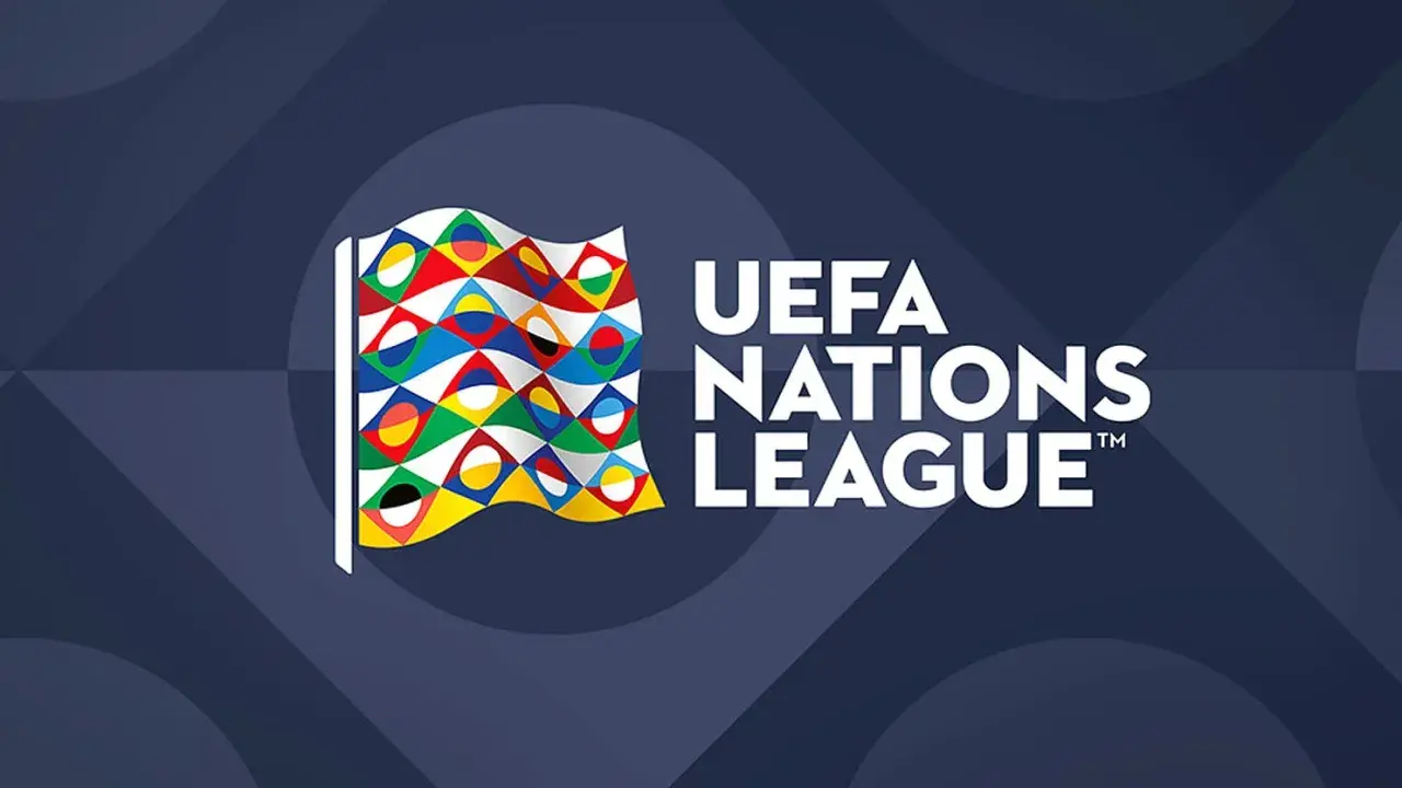Flaga z symbolami narodowymi i napis UEFA NATIONS LEAGUE. Czekamy na emocjonujący liga narodów losowanie!