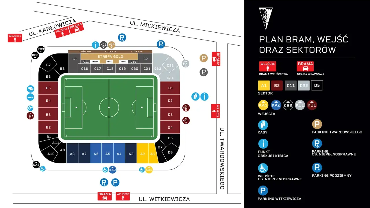 Plan stadionu Pogoni, z zaznaczonym sektorem gości (czarne sektory A11, A10, A9, B1, B2, B3, B4, B5, B6, B7, B8).
