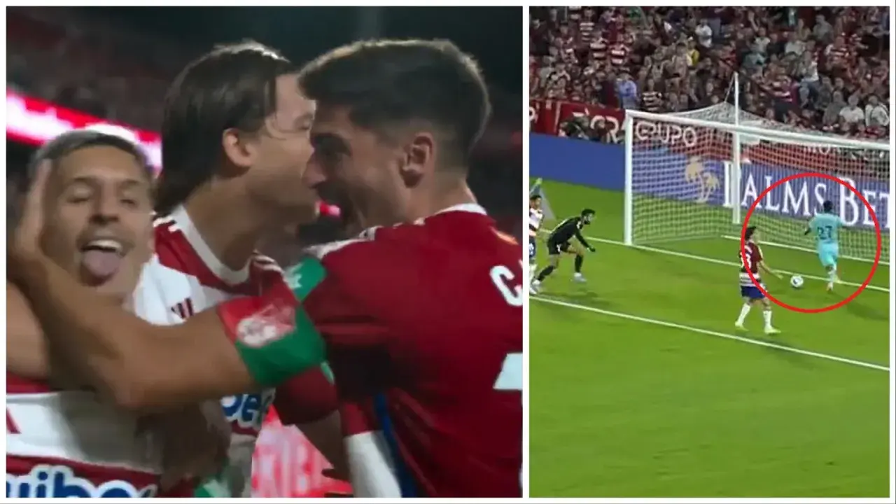 Radość zawodników Granada CF po strzelonym golu. Na drugim planie akcja pod bramką, gdzie piłkarz w jasnym stroju z numerem 27 biegnie do piłki.