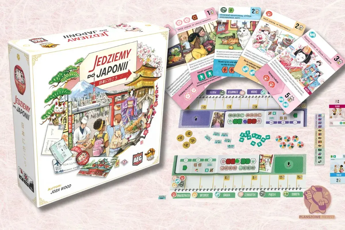 Planszowa gra "Jedziemy do Japonii" z kartami, planszą i żetonami. Odkryj uroki Japonii, od tradycji po kocie kawiarnie.