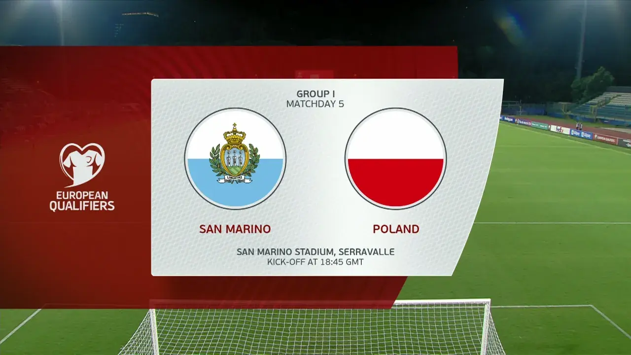 Zapowiedź meczu San Marino - Polska w eliminacjach do Mistrzostw Europy. Flagi obu krajów, nazwy drużyn i stadion.
