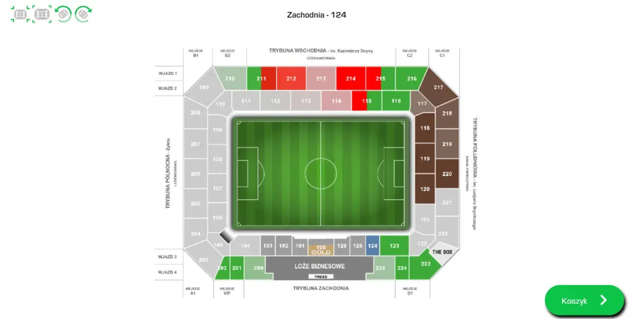 Plan sektory stadionu w Gorzowie. Widok z lotu ptaka na boisko i trybuny z numeracją miejsc.