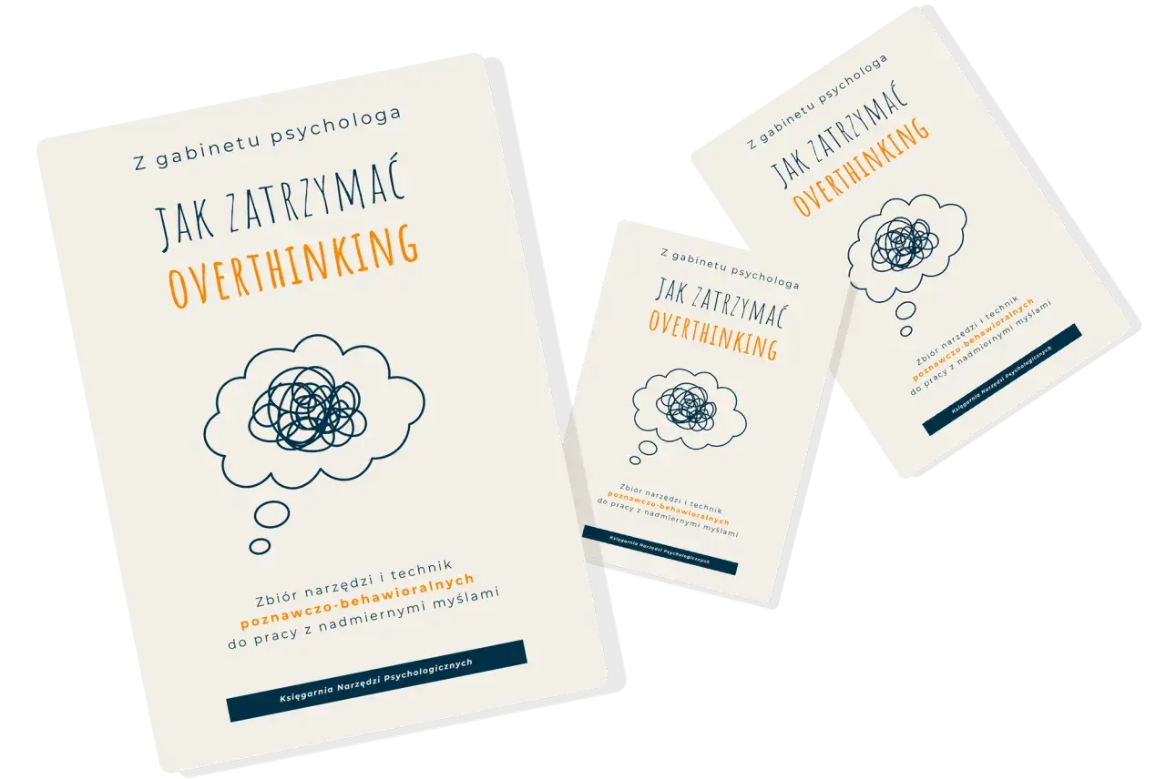 Trzy okładki książek "Jak zatrzymać overthinking" z psychologicznymi narzędziami. To jak mecz o honor z własnymi myślami.