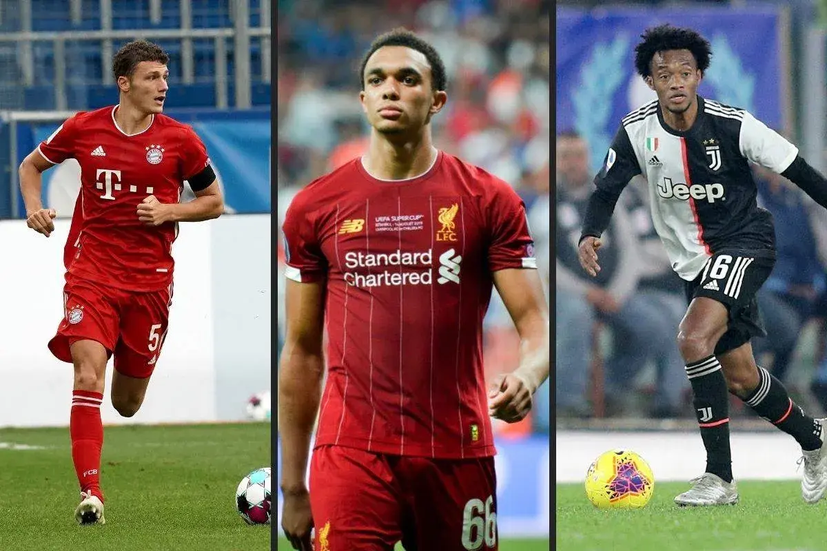 Trzech piłkarzy, uznawanych za najlepsi prawi obrońcy: Benjamin Pavard, Trent Alexander-Arnold i Juan Cuadrado, w akcji.