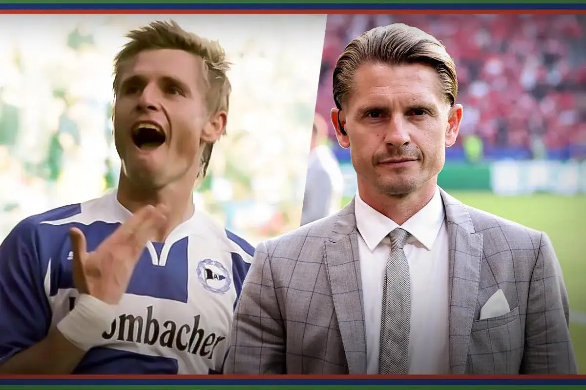 Artur Wichniarek w stroju piłkarskim i w garniturze.