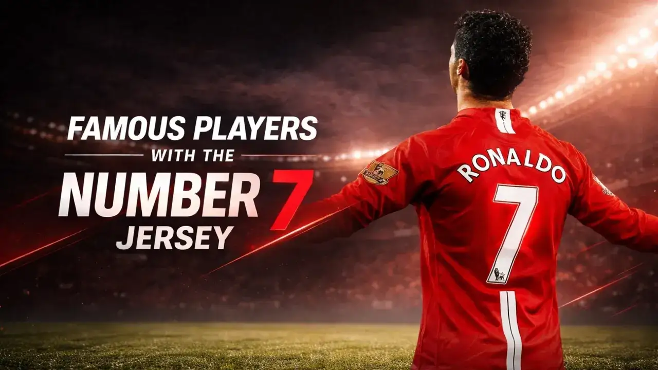 Słynni piłkarze z numerem 7 na koszulce, w tym Cristiano Ronaldo w czerwonej koszulce Manchesteru United.