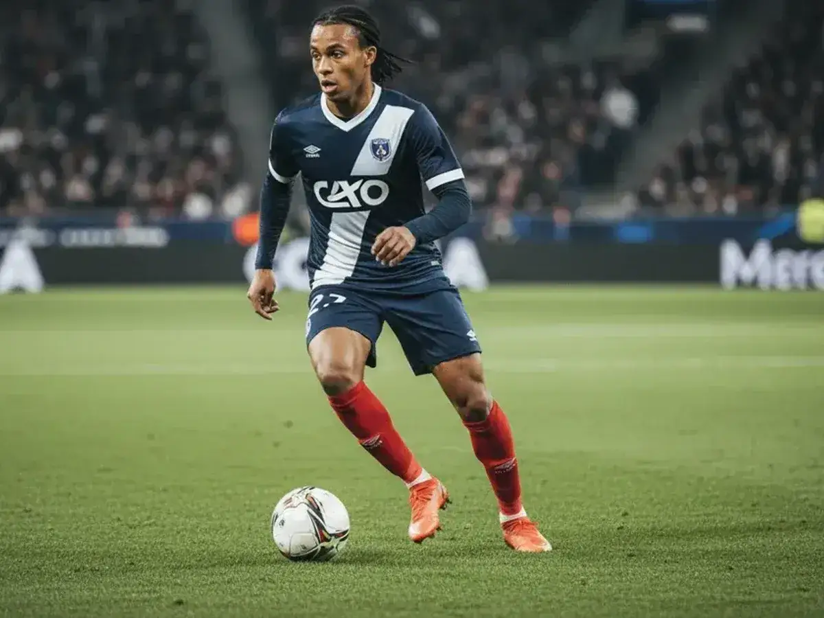 Piłkarz w granatowym stroju z numerem 27 na boisku. Młody talent, Ethan Mbappé, pokazuje swoje umiejętności.