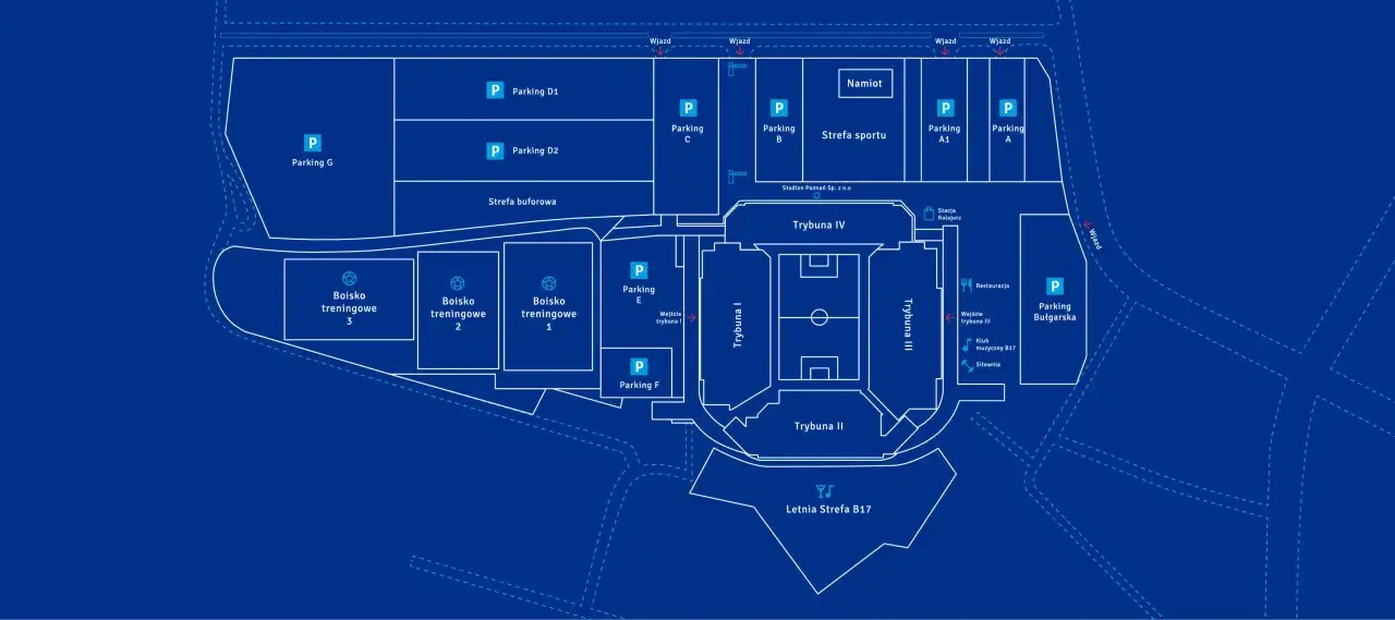 Plan stadionu Lecha: parkingi, boiska treningowe, trybuny I, II, III, IV, strefa sportu, restauracja i miejsca dla kibiców.