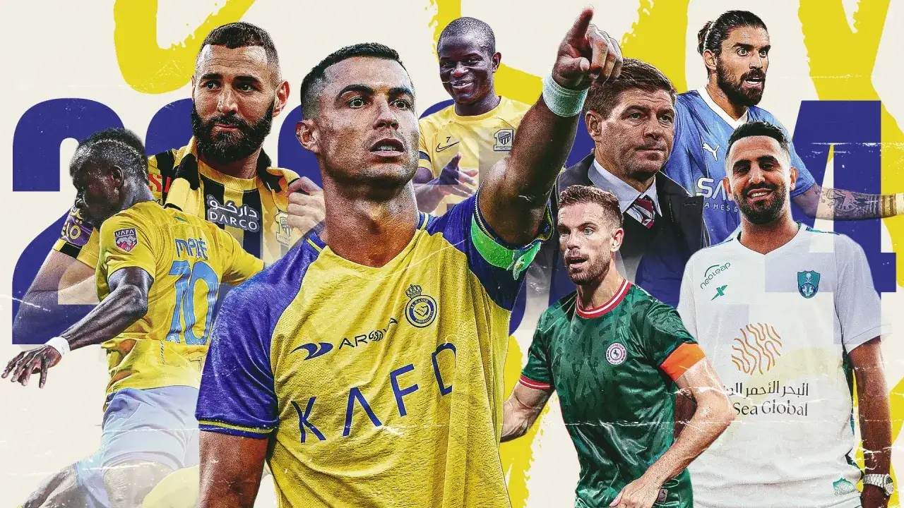 Gwiazdy piłki nożnej, w tym Cristiano Ronaldo i Karim Benzema, w kolażu zapowiadającym mecz składy: al-ittihad – al-nassr.
