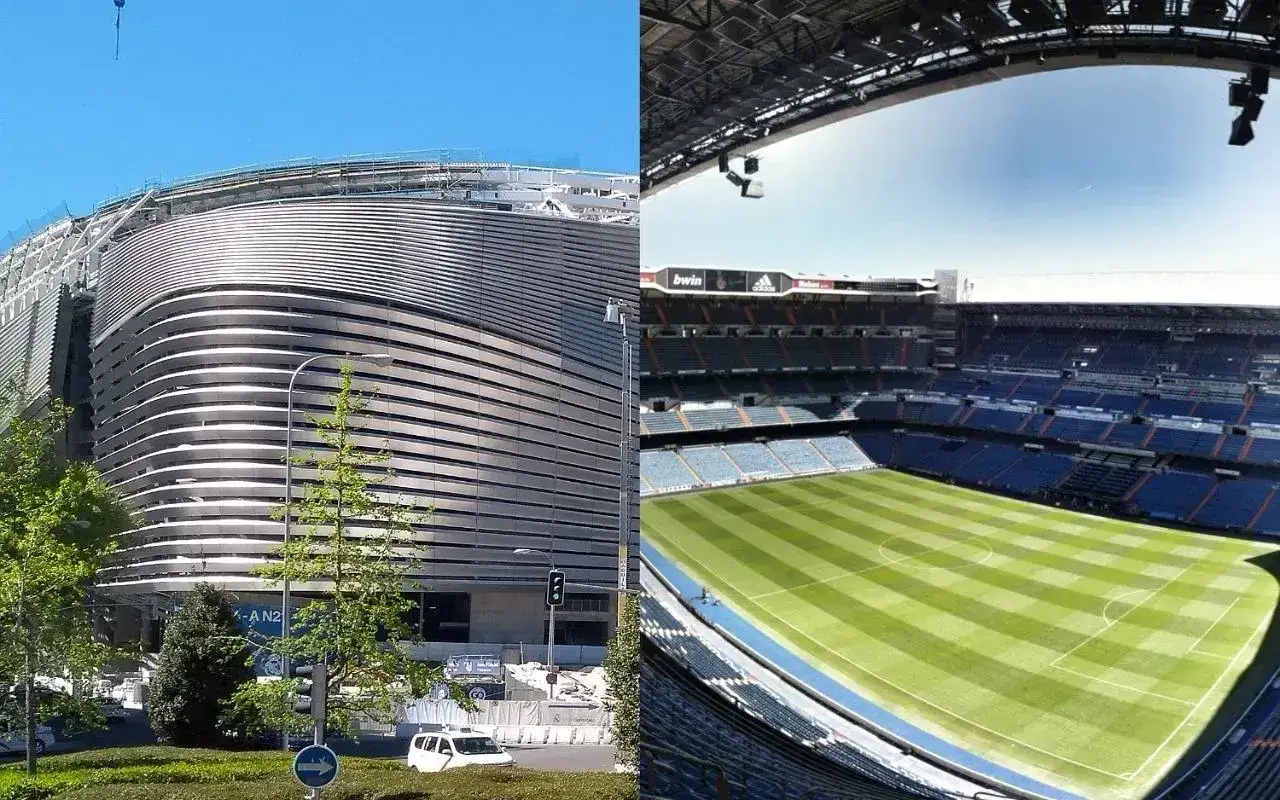 Nowe Santiago Bernabeu w budowie, z nowoczesną fasadą i widokiem na murawę stadionu.
