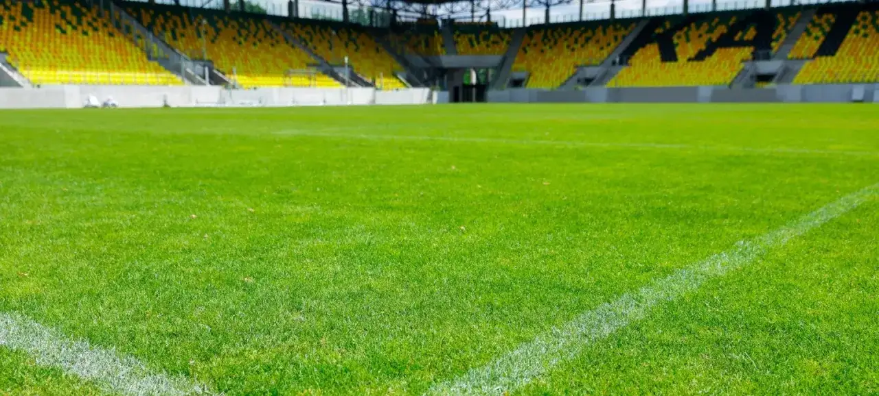 Zielona murawa i żółto-czarne trybuny stadionu w Katowicach, symbolizujące rozwój sportowy miasta.