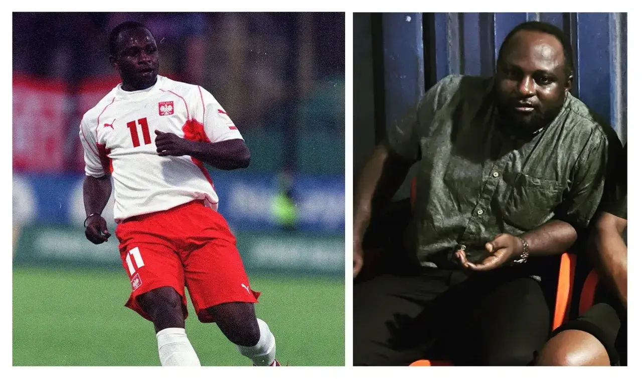 Emmanuel Olisadebe w koszulce z numerem 11 reprezentacji Polski. Obok zdjęcie z późniejszych lat.