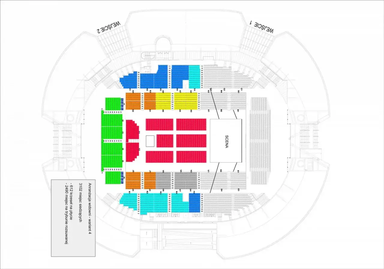 Stadion Gdańsk sektory: zielone, pomarańczowe, czerwone, niebieskie i turkusowe. Scena na środku.