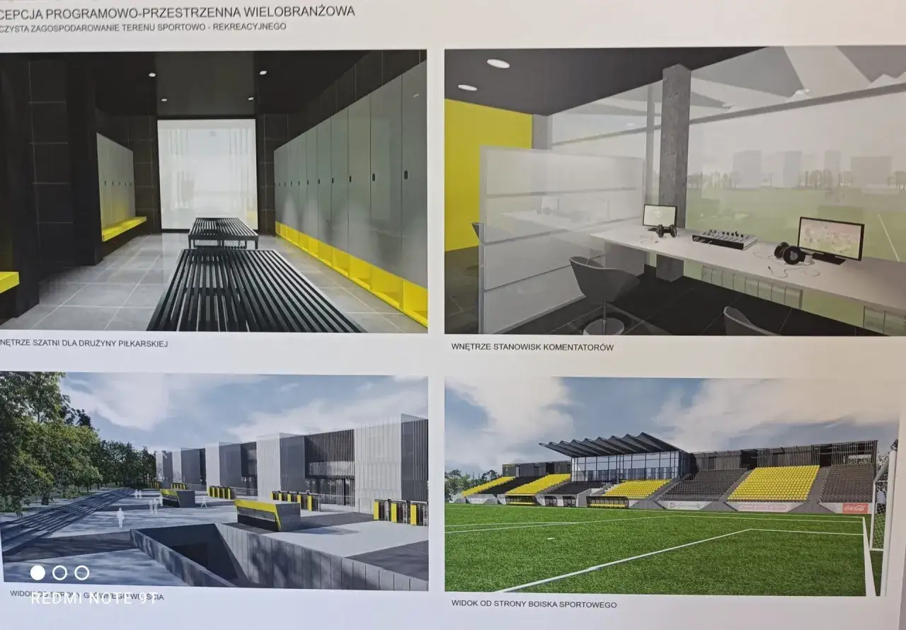 Wizualizacje nowoczesnego stadionu w Krakowie: szatnia, loża komentatorska, wejście i boisko. Projekt