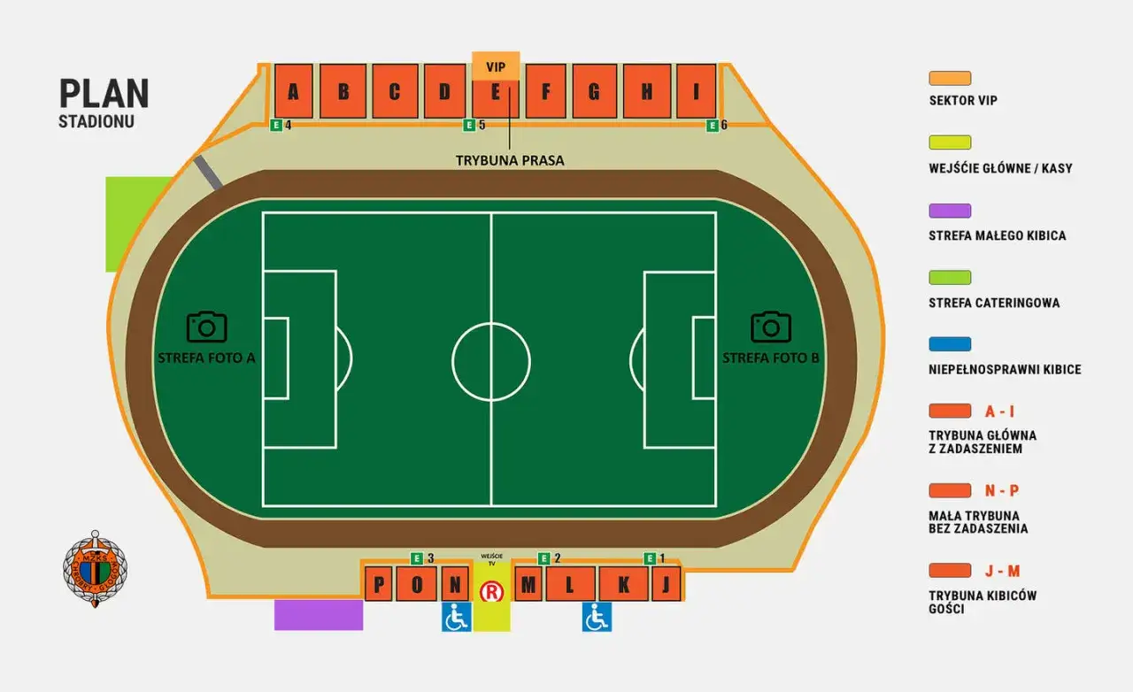 Plan stadionu Chrobry Głogów: trybuny A-I, N-P, J-M, strefy VIP, prasy, foto, małego kibica, cateringowa, dla niepełnosprawnych.