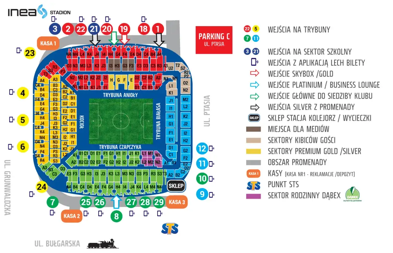 Trybuna Anioły Lech Poznań: schemat stadionu z podziałem na sektory, wejścia i parkingi.