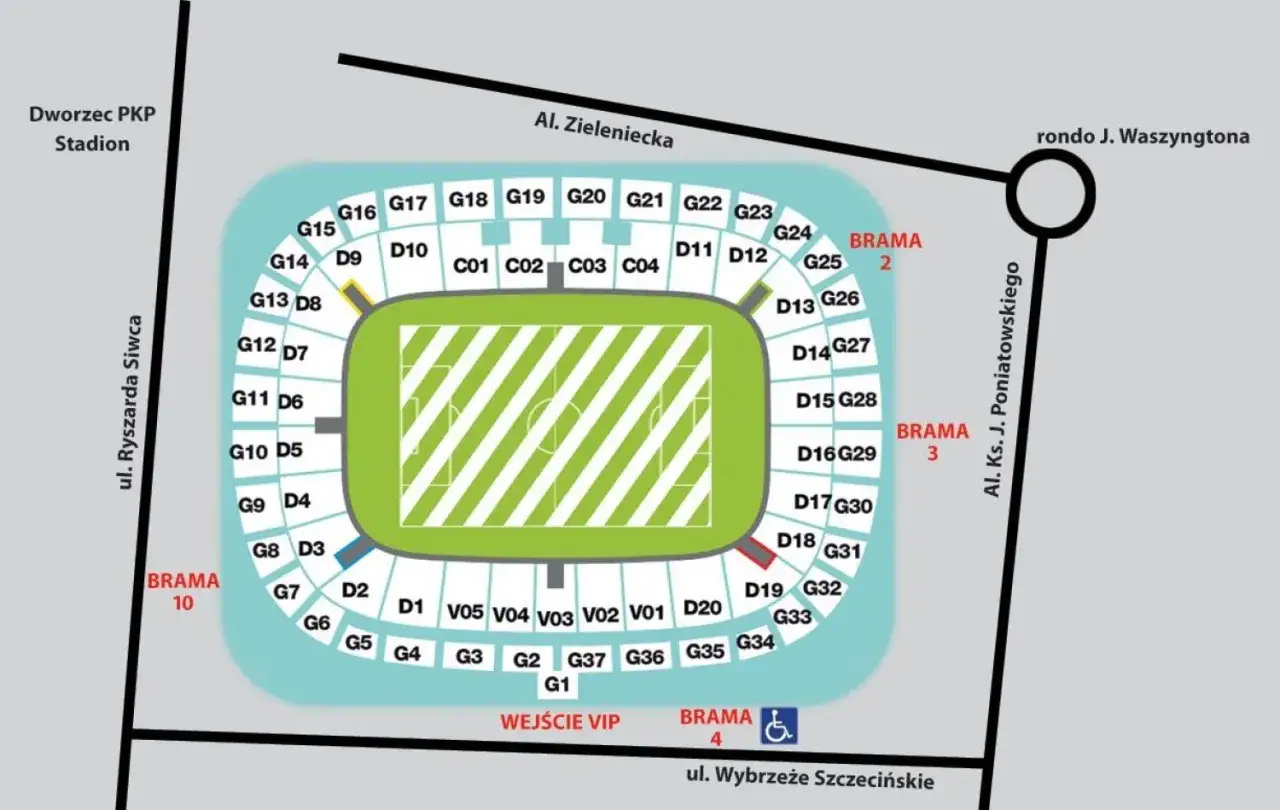 Plan stadionu narodowego z podziałem na sektory, bramy i wejścia.