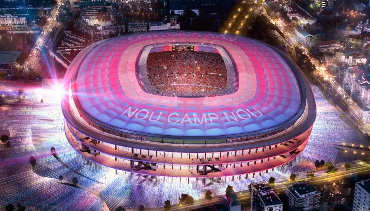 Wizualizacja nowego Camp Nou z kolorowym dachem i napisem "NOU CAMP NOU".