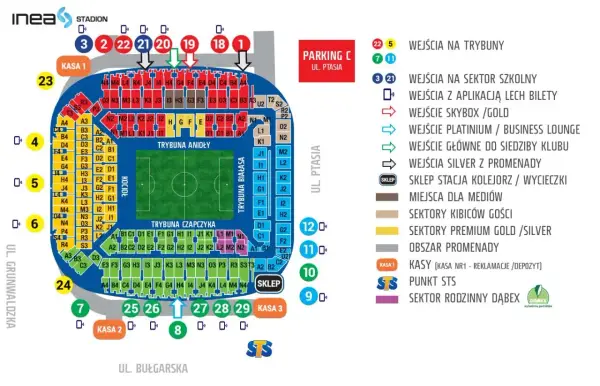 Trybuna Anioły Lech Poznań: schemat stadionu z podziałem na sektory i wejścia.